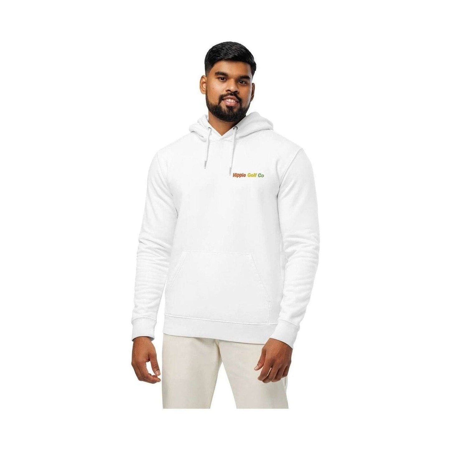 White unisex organic cotton hoodie with multi-colored embroidered brand logo