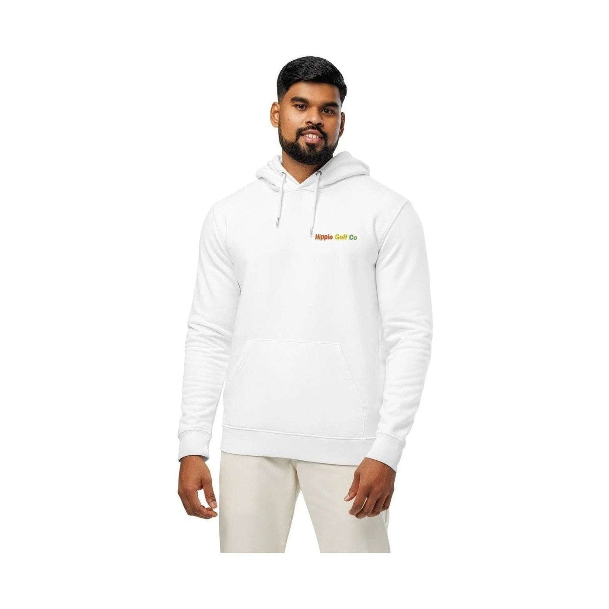 White unisex organic cotton hoodie with multi-colored embroidered brand logo