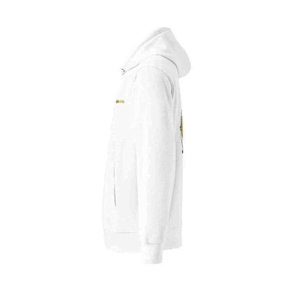 White unisex hoodie side profile showing sleeve seam golf ball graphic detail