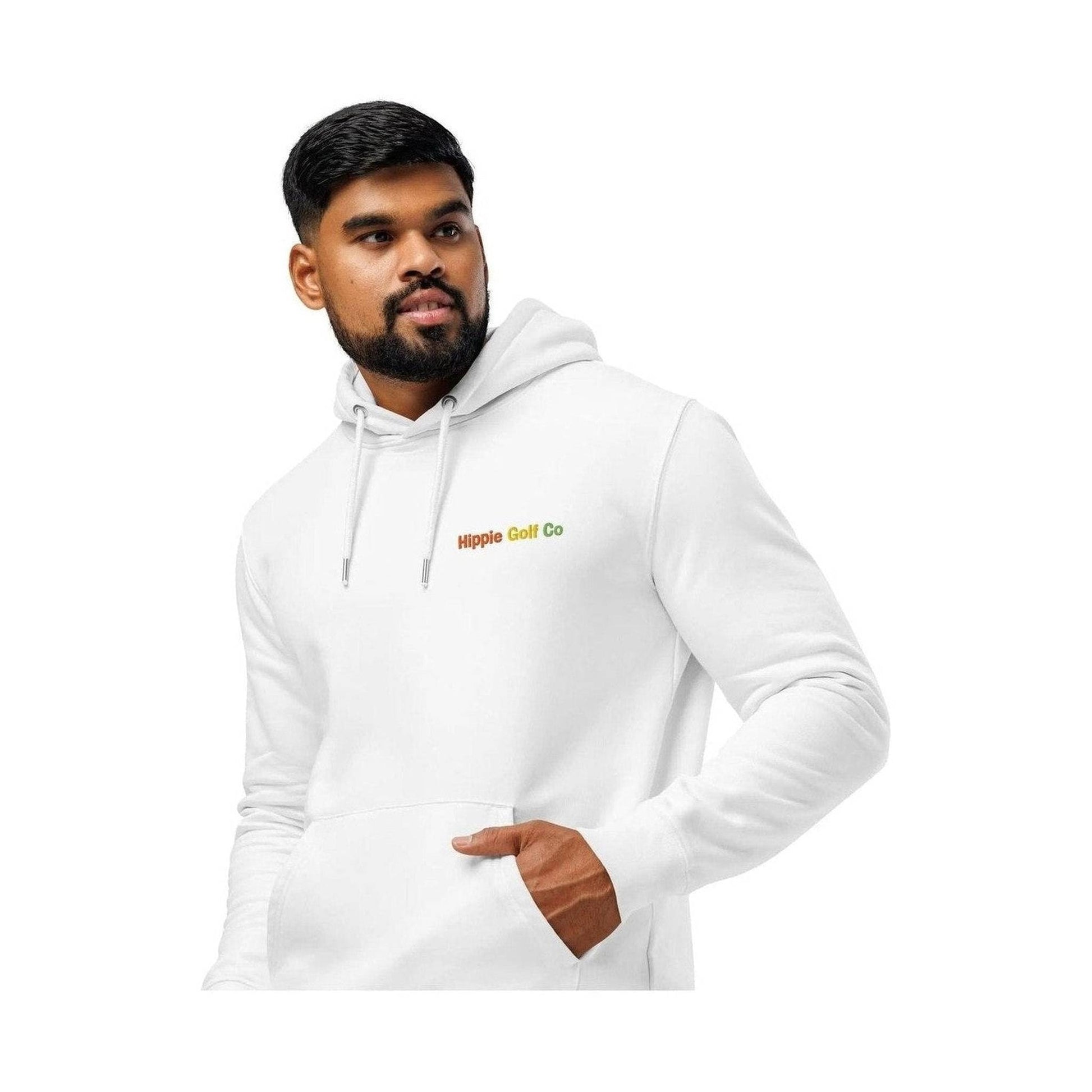 Man wearing white unisex hoodie with hand in kangaroo pocket and relaxed fit