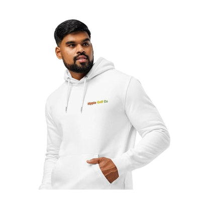 Man wearing white unisex hoodie with hand in kangaroo pocket and relaxed fit
