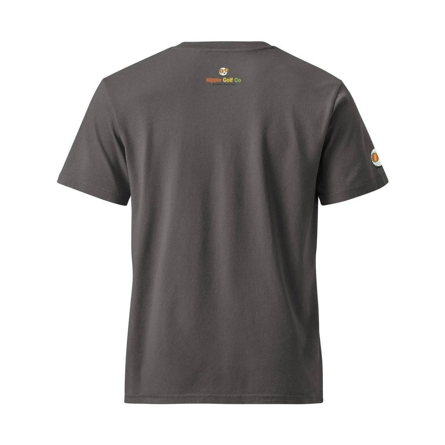 Dark gray vintage tee back view with Hippie Golf Co logo and golf ball patch