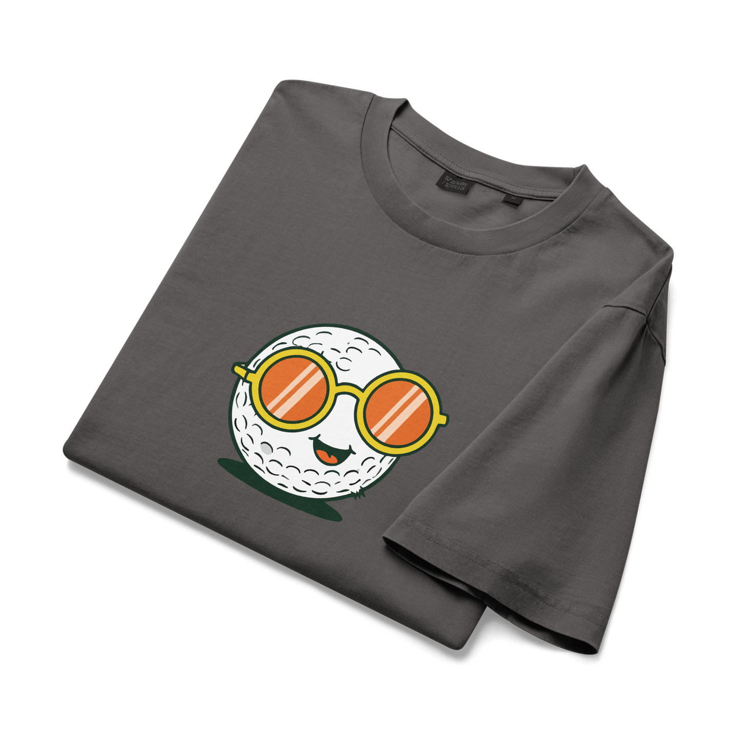 Charcoal gray soft cotton tee with golf ball in orange sunglasses