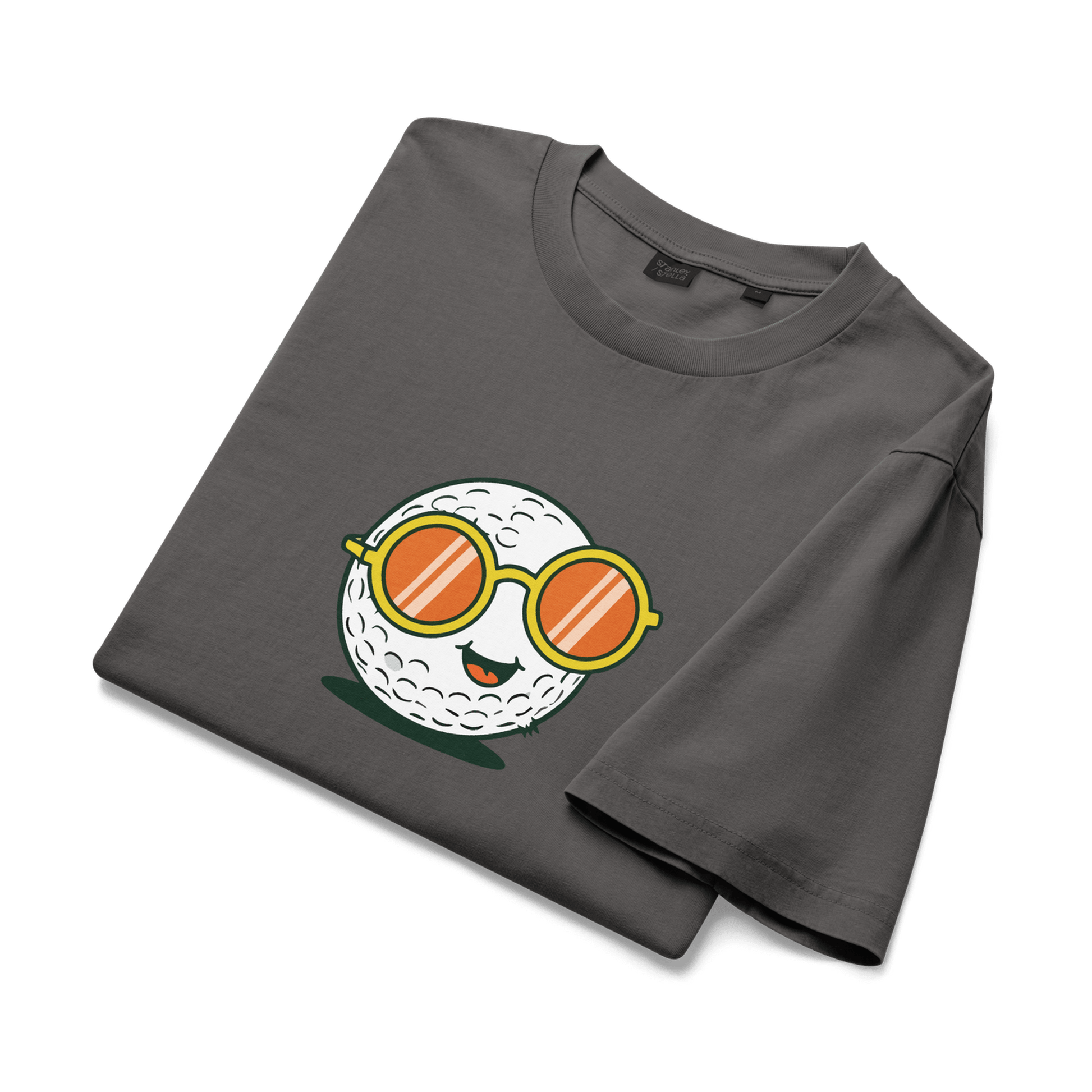 Charcoal gray soft cotton tee with golf ball in orange sunglasses