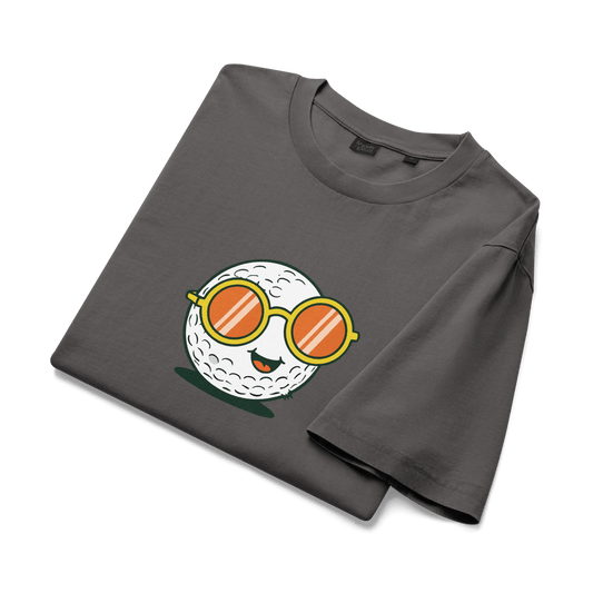 Charcoal gray soft cotton tee with golf ball in orange sunglasses