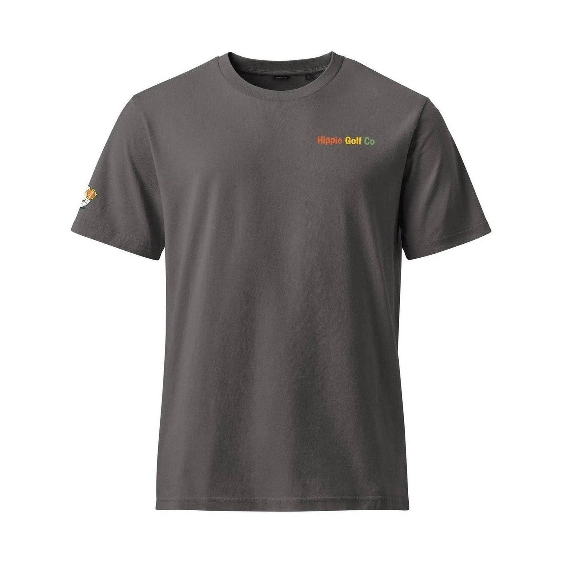 Dark gray heathered tee front featuring chest logo and golf ball with sunglasses patch