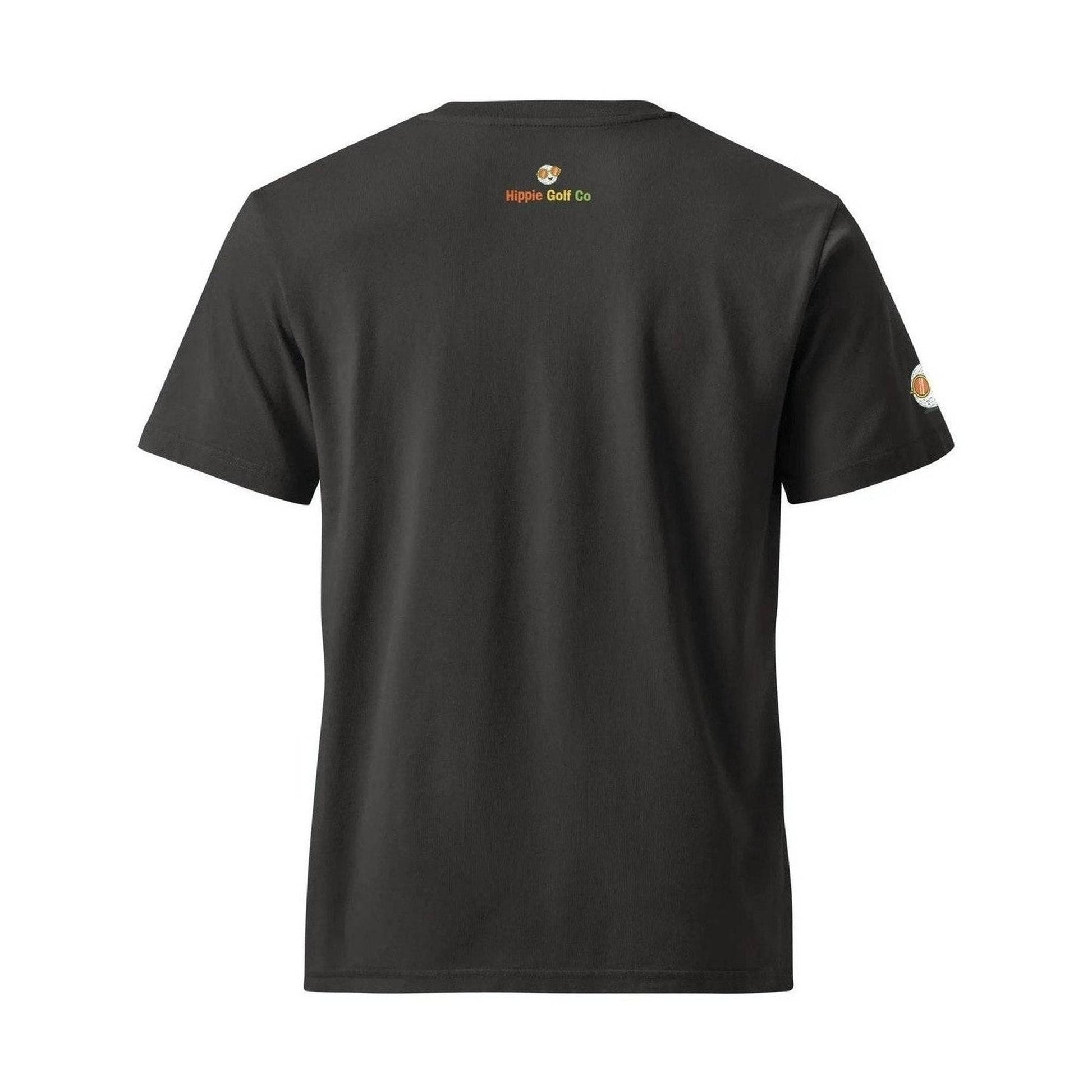 Black organic cotton tee back view with centered brand logo and cartoon character patch