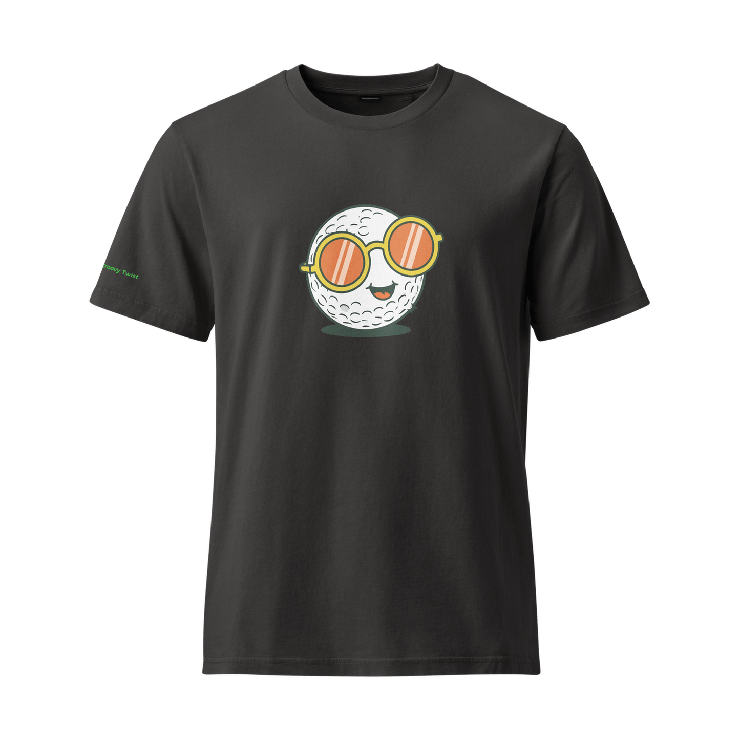 Black graphic tee featuring smiling golf ball in sunglasses