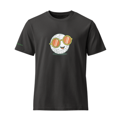 Black graphic tee featuring smiling golf ball in sunglasses