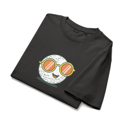 Black washed vintage t-shirt with smiling golf ball in sunglasses
