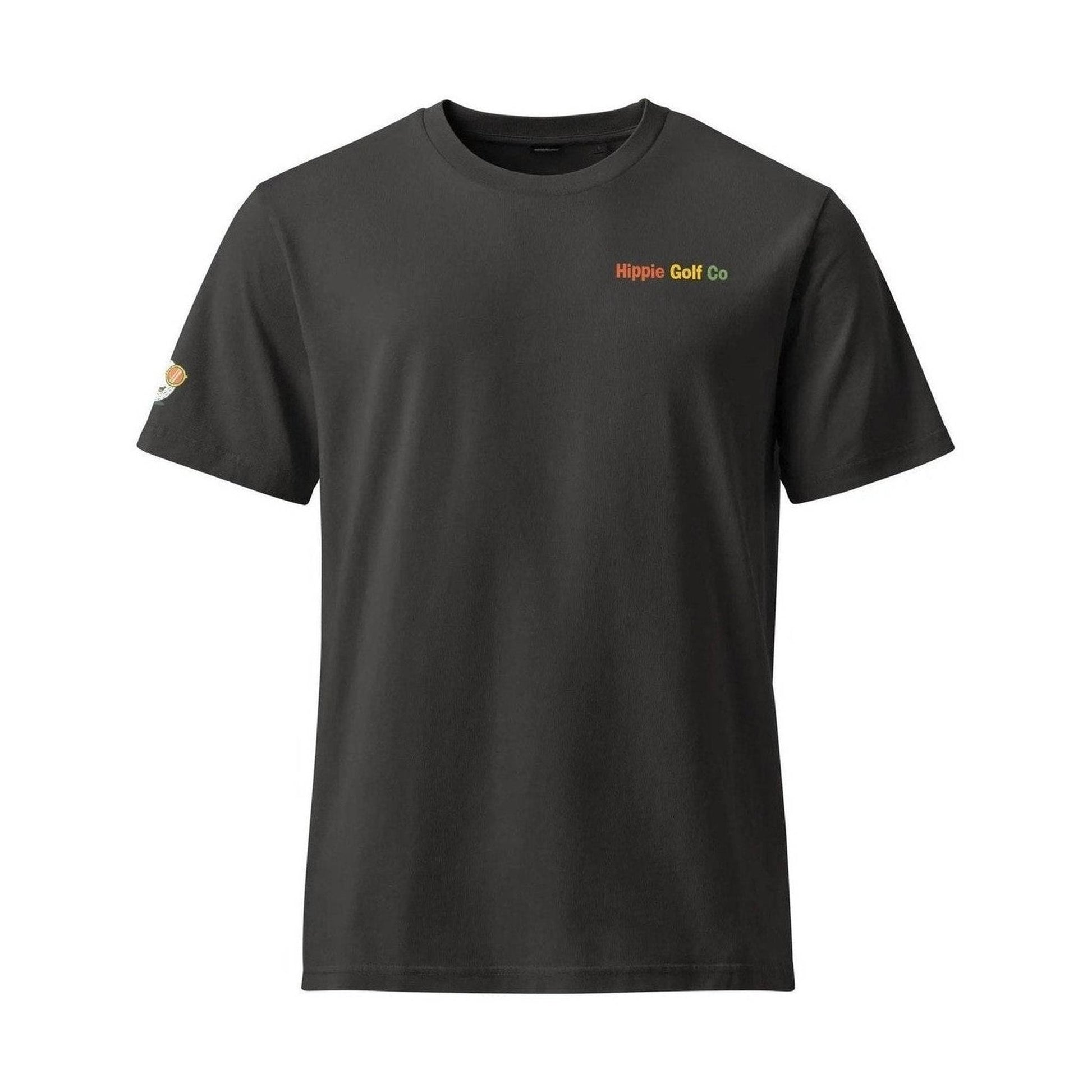Black smooth finish tee front view with multi-colored logo and golf ball sleeve patch