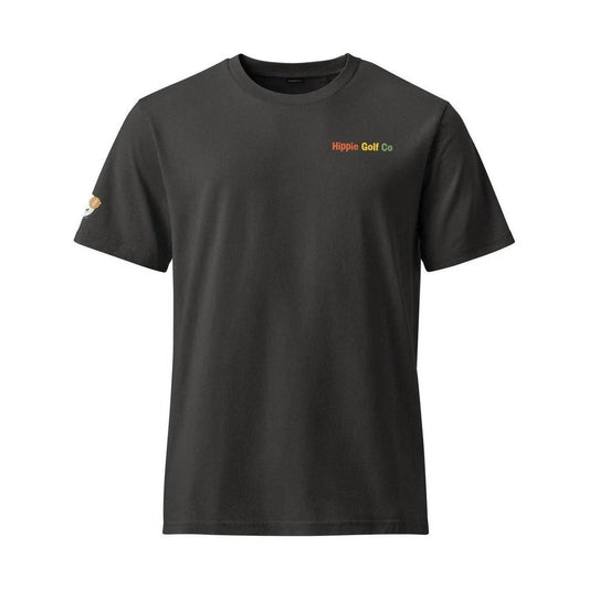 Black smooth finish tee front view with multi-colored logo and golf ball sleeve patch