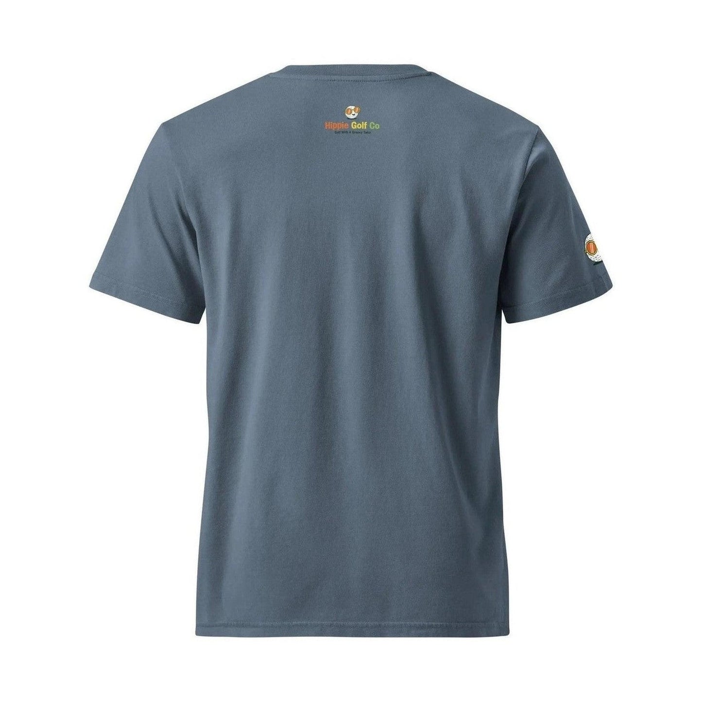 Blue-gray heathered tee back view featuring brand text and sunglasses character patch