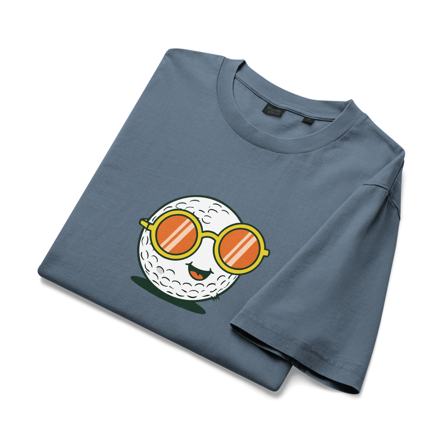 Medium blue organic cotton tee with golf ball sunglasses graphic