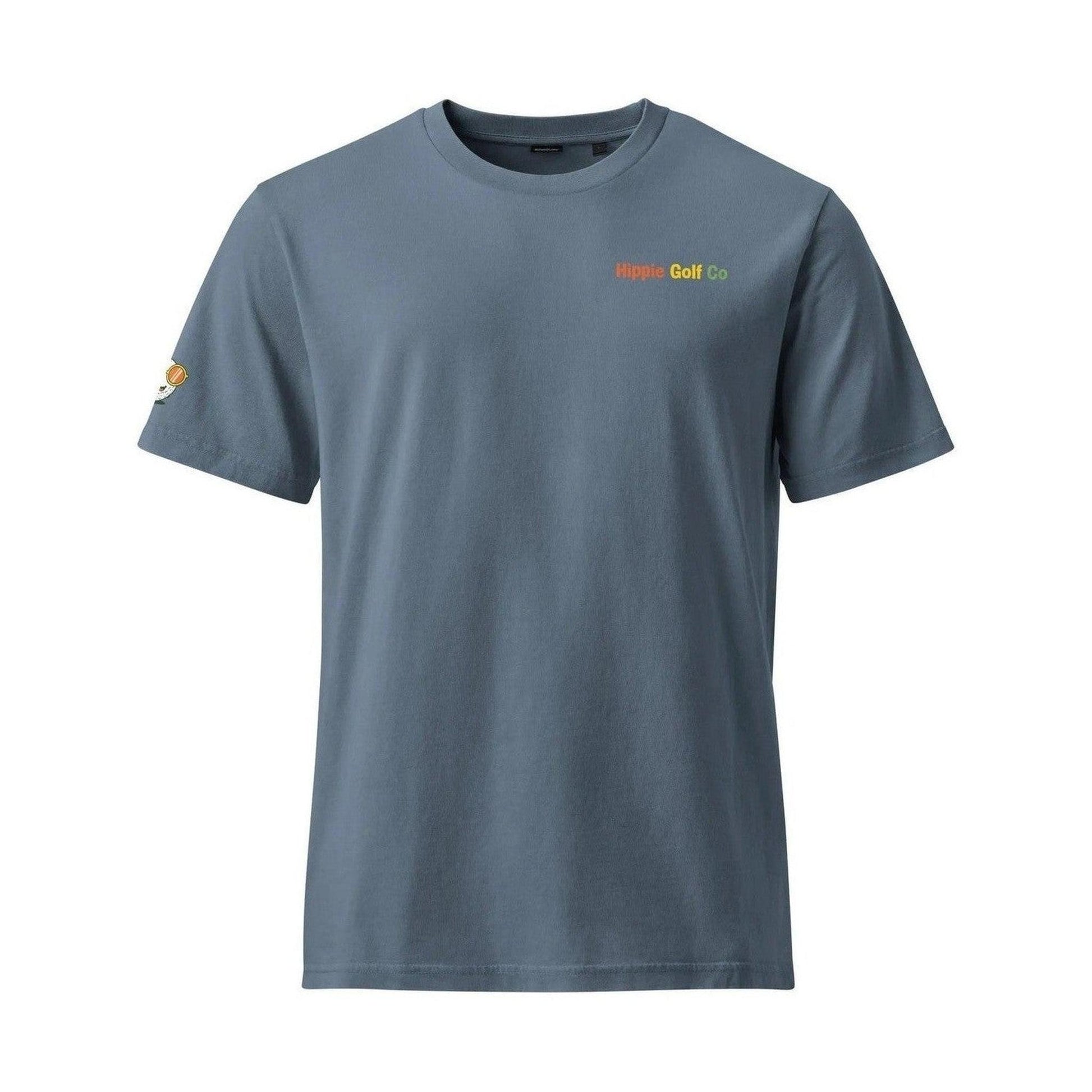 Dusty blue vintage tee with Hippie Golf Co logo and golf ball patch
