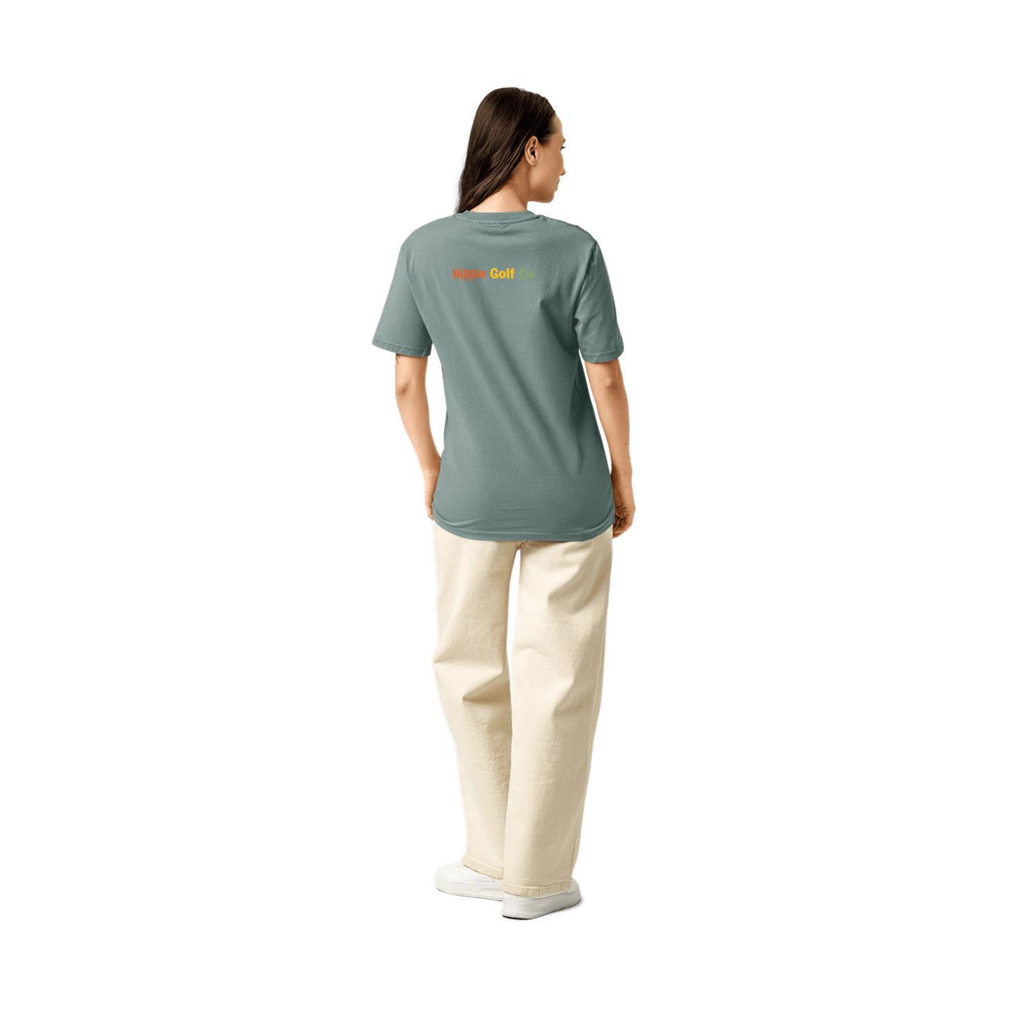 Muted green vintage unisex golf tee with relaxed fit and back logo