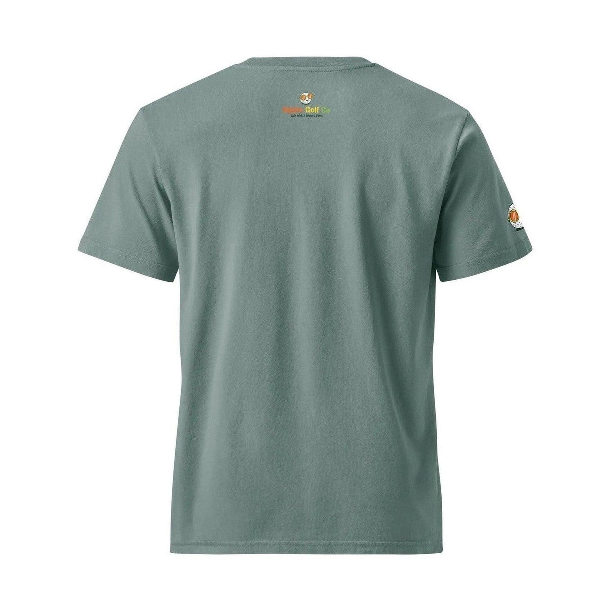 Greenish-gray back view of vintage tee with centered text