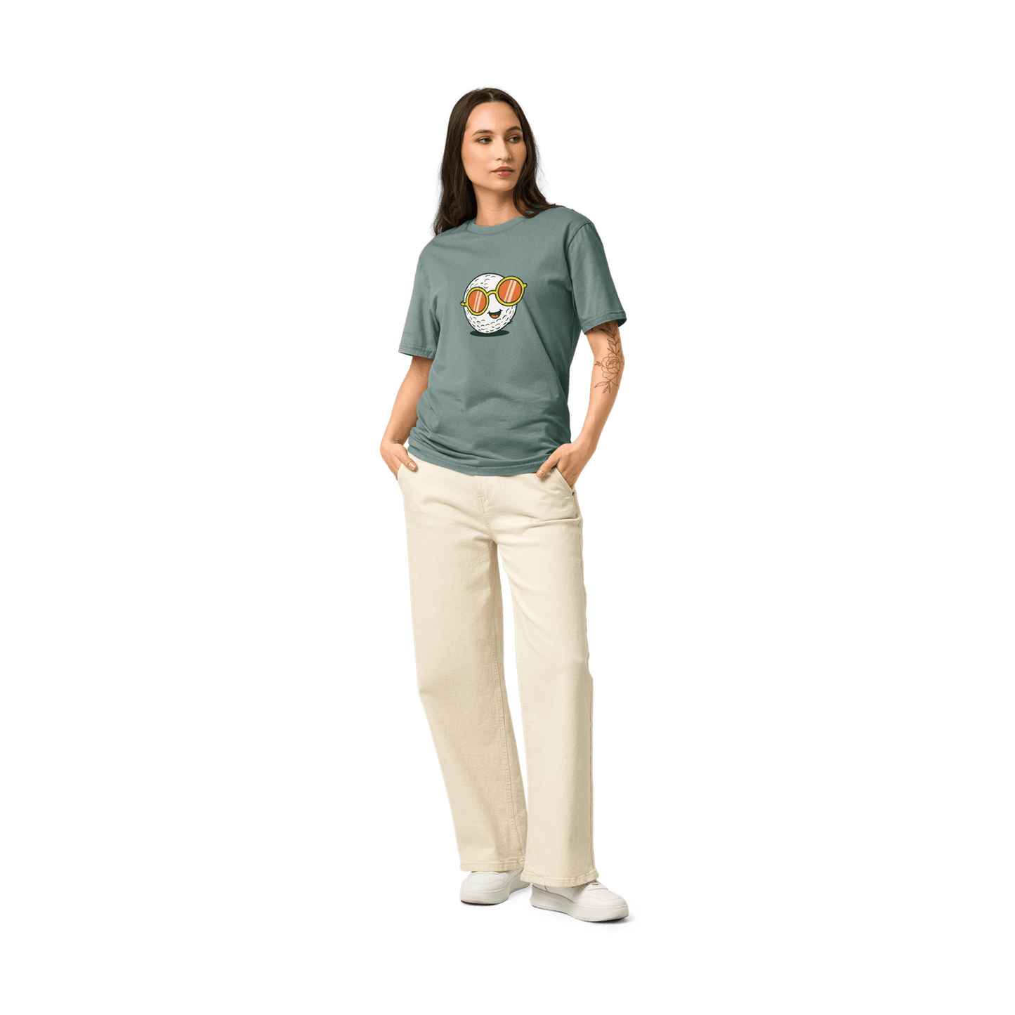 Muted green unisex golf shirt with front cartoon golf ball print
