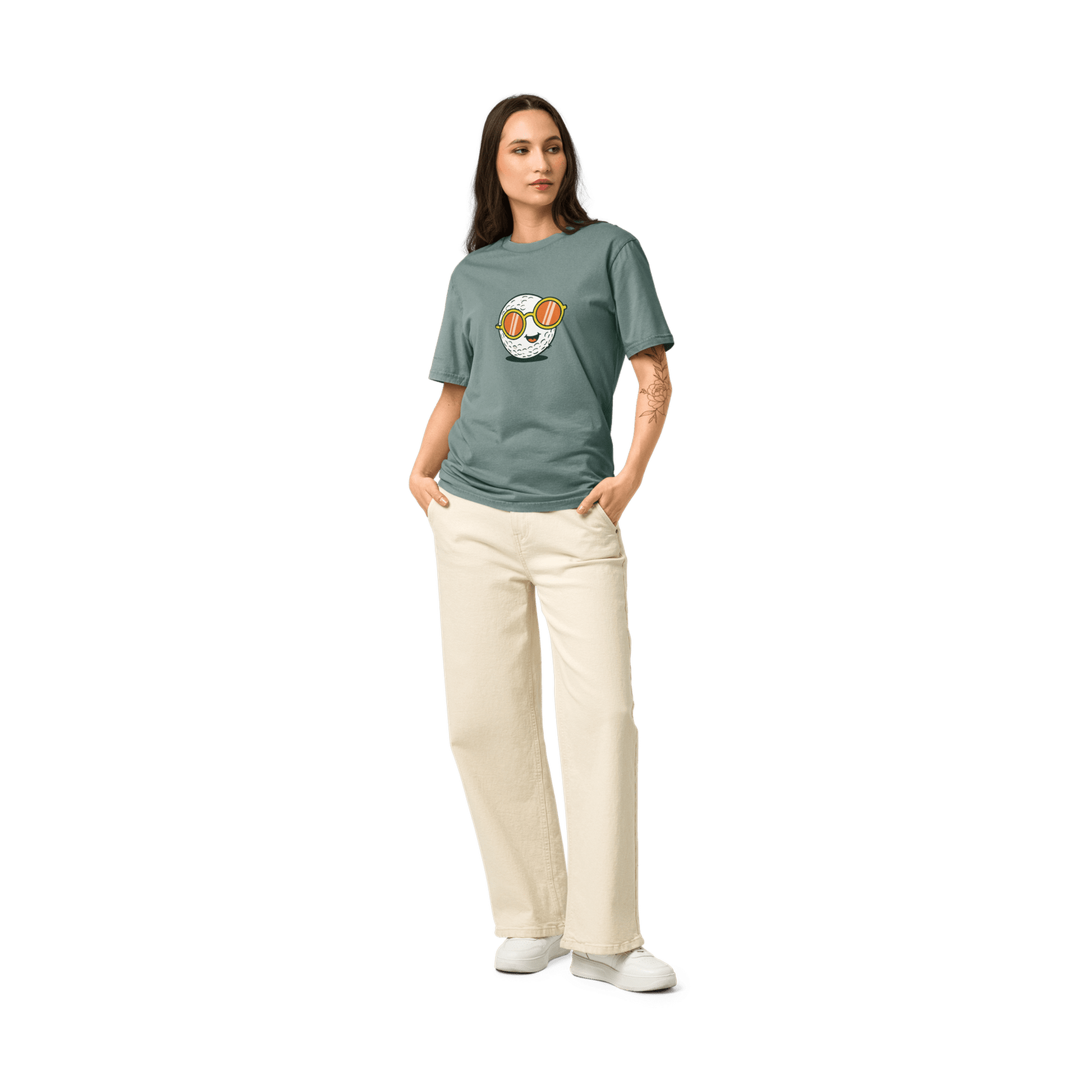 Muted green unisex golf shirt with front cartoon golf ball print