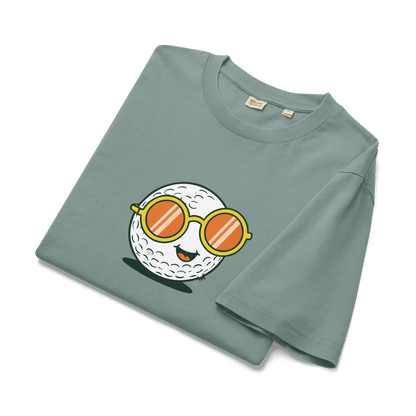 Light green garment-dyed tee with cartoon golf ball graphic