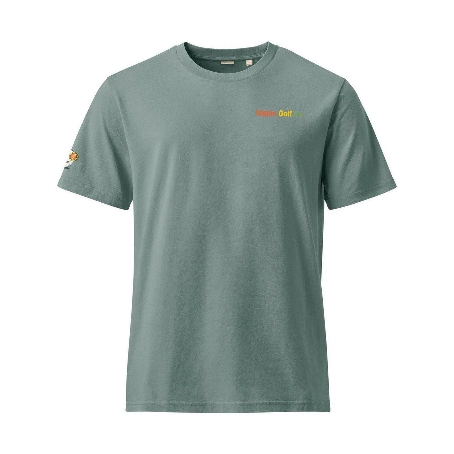 Sage green vintage tee front with chest logo and stylized golf ball sleeve patch