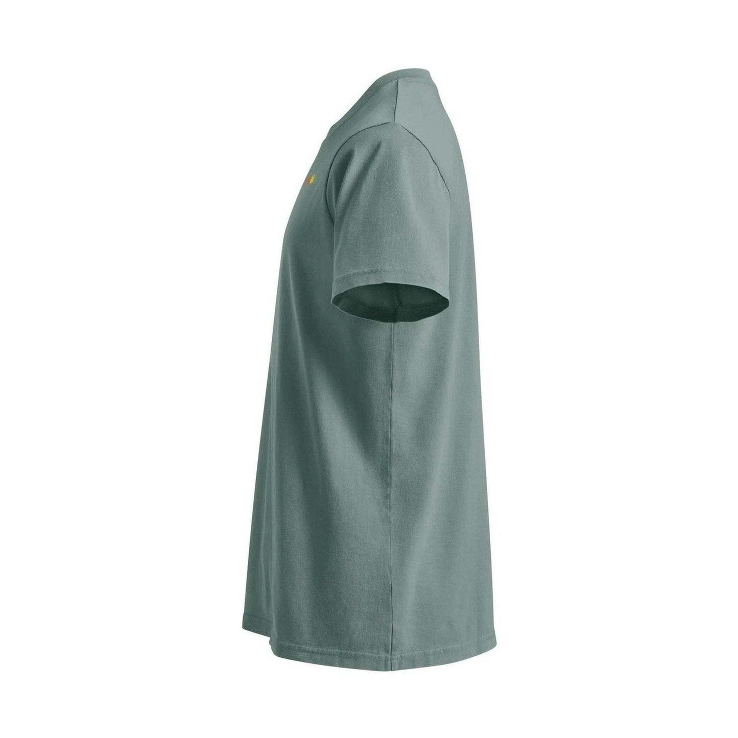 Sage green unisex tee side view emphasizing loose drape and chest logo placement