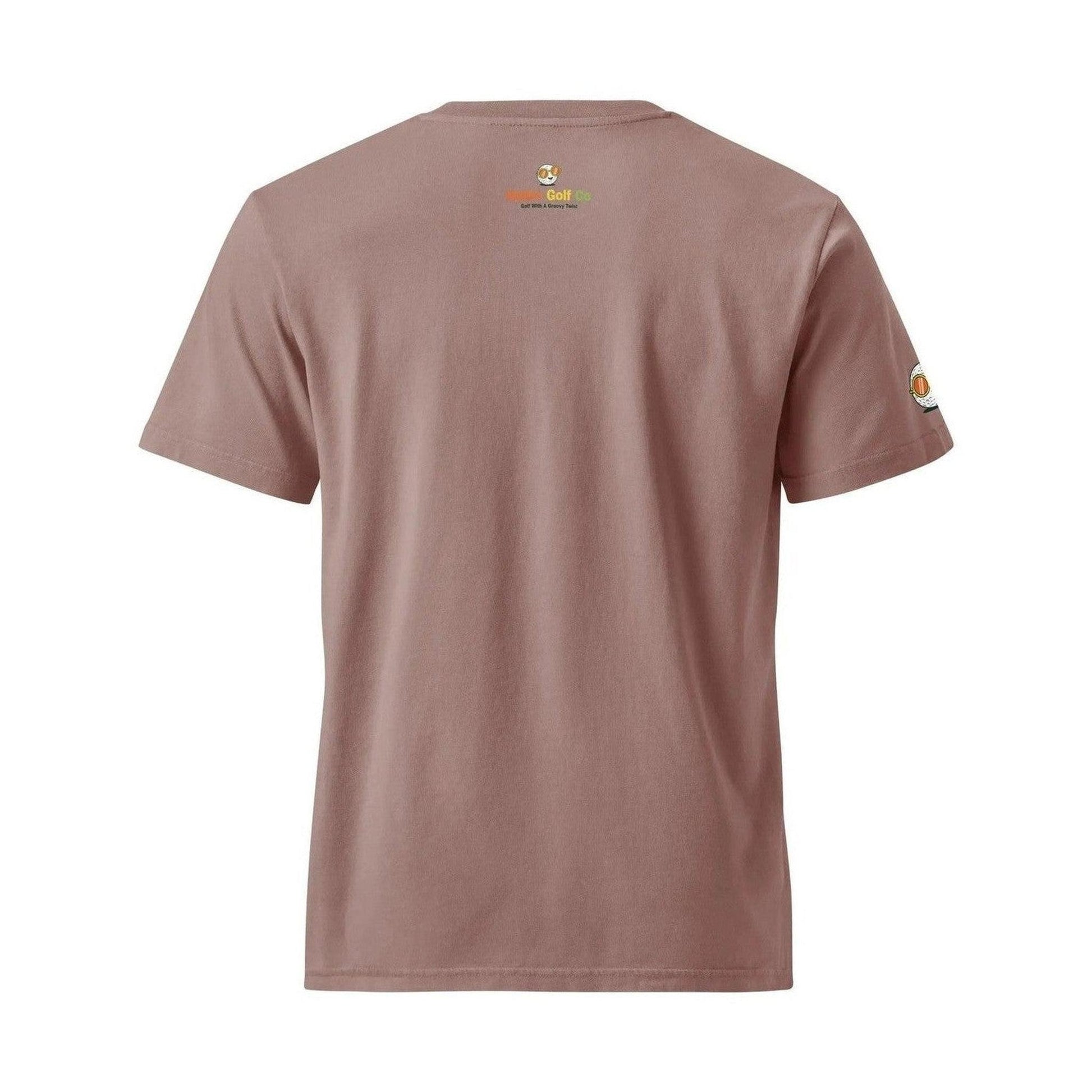 Muted brown tee back view with visible center seam and circular sleeve patch