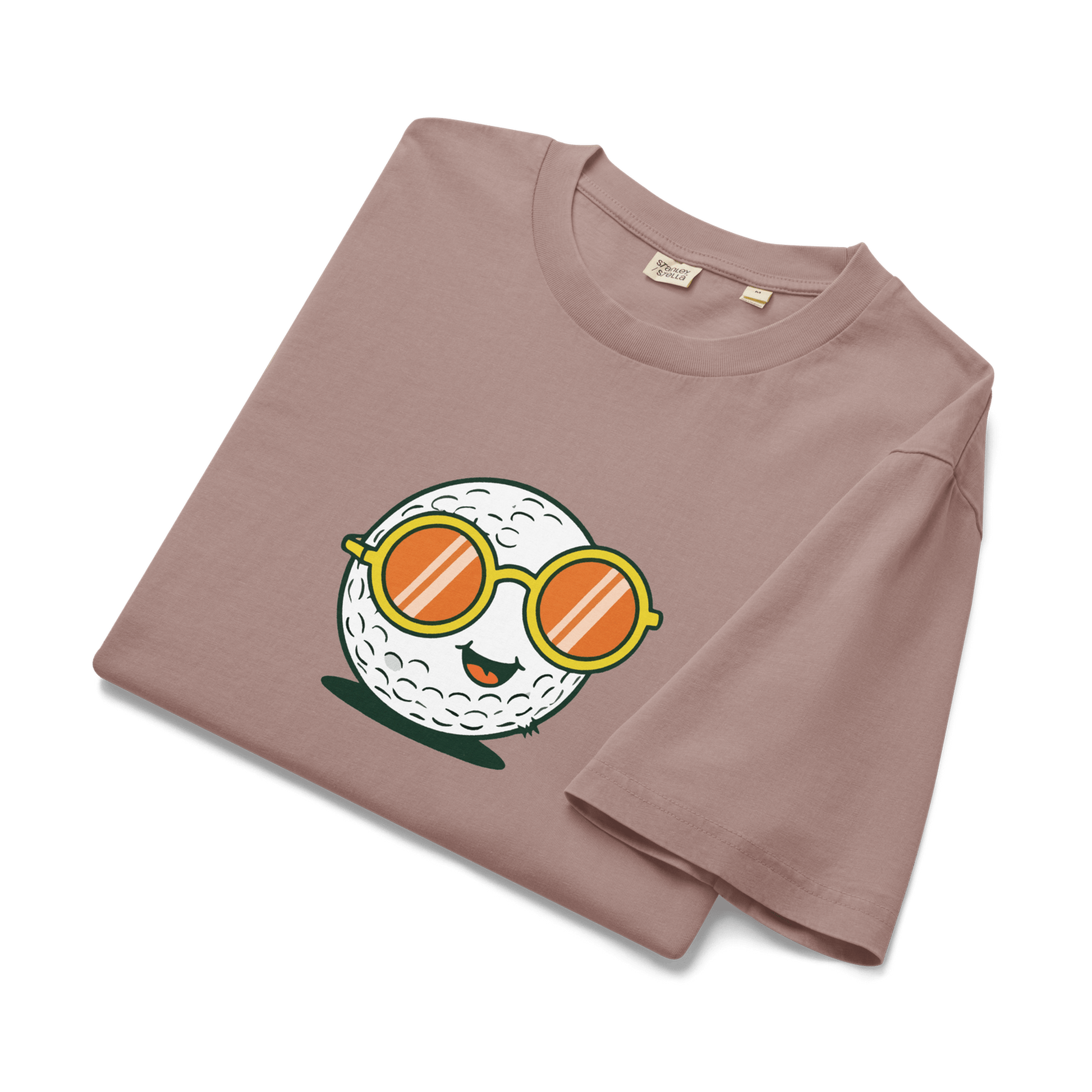 Mauve vintage washed tee with smiling golf ball wearing sunglasses