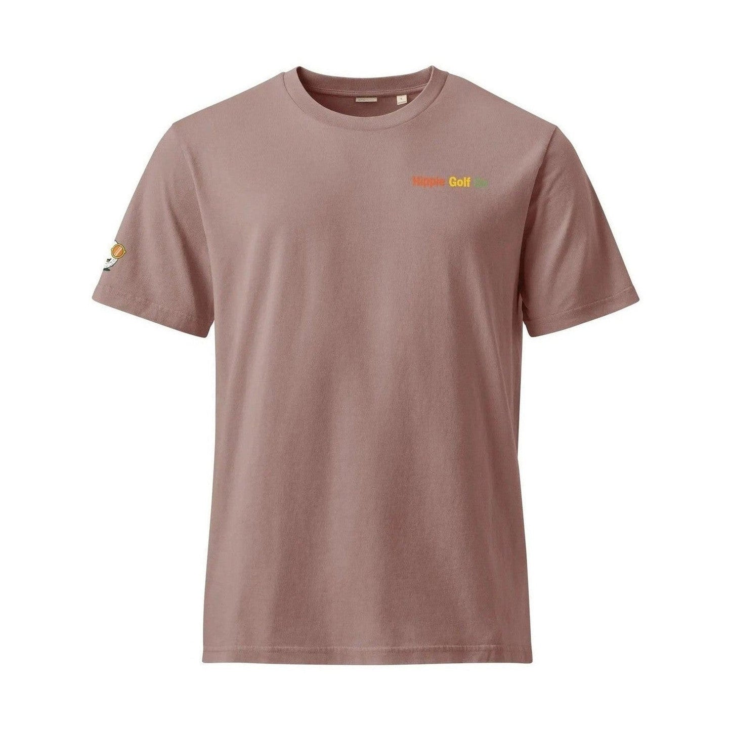 Mauve unisex t-shirt front view with chest logo and embroidered golf ball sleeve patch