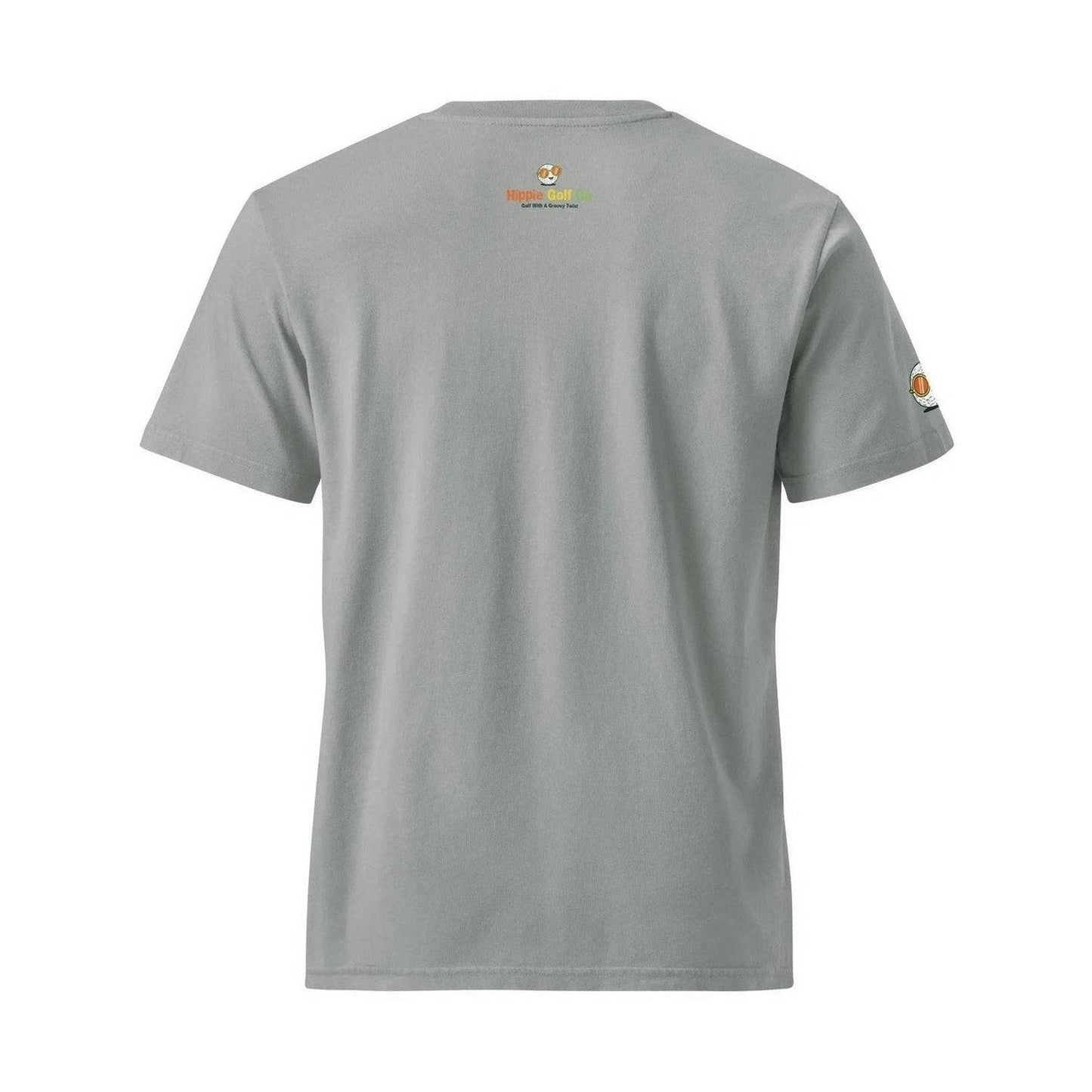 Light gray garment-dyed tee back showing subtle tone variations and sleeve patch