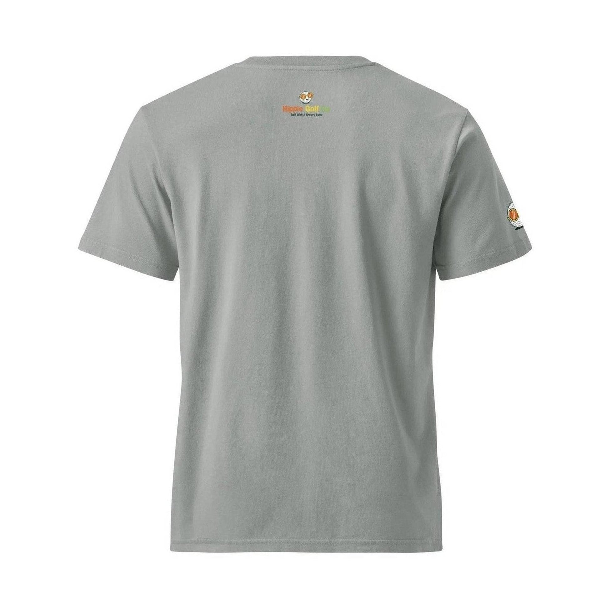 Light gray garment-dyed tee back showing subtle tone variations and sleeve patch