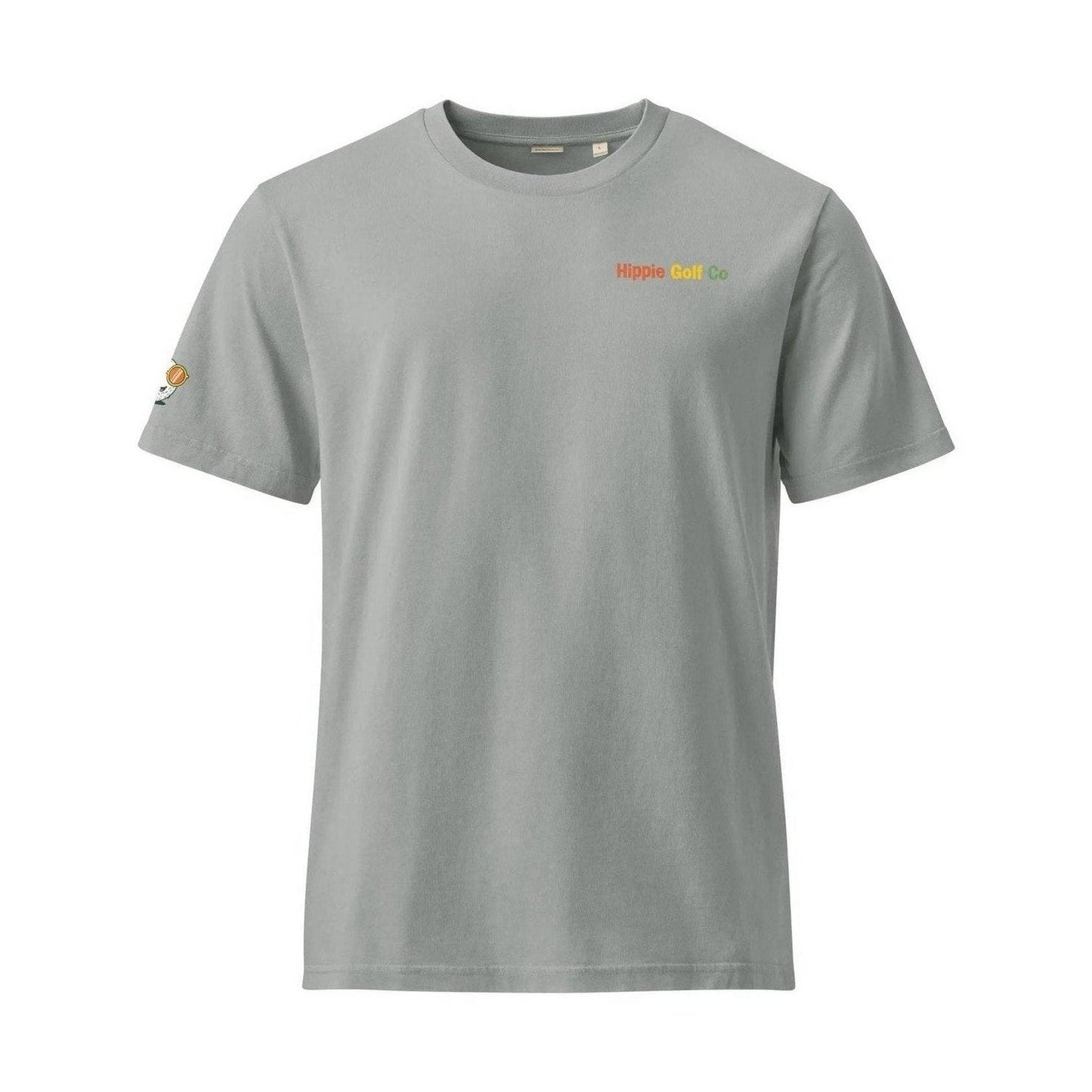Gray unisex organic cotton tee with embroidered sleeve logo