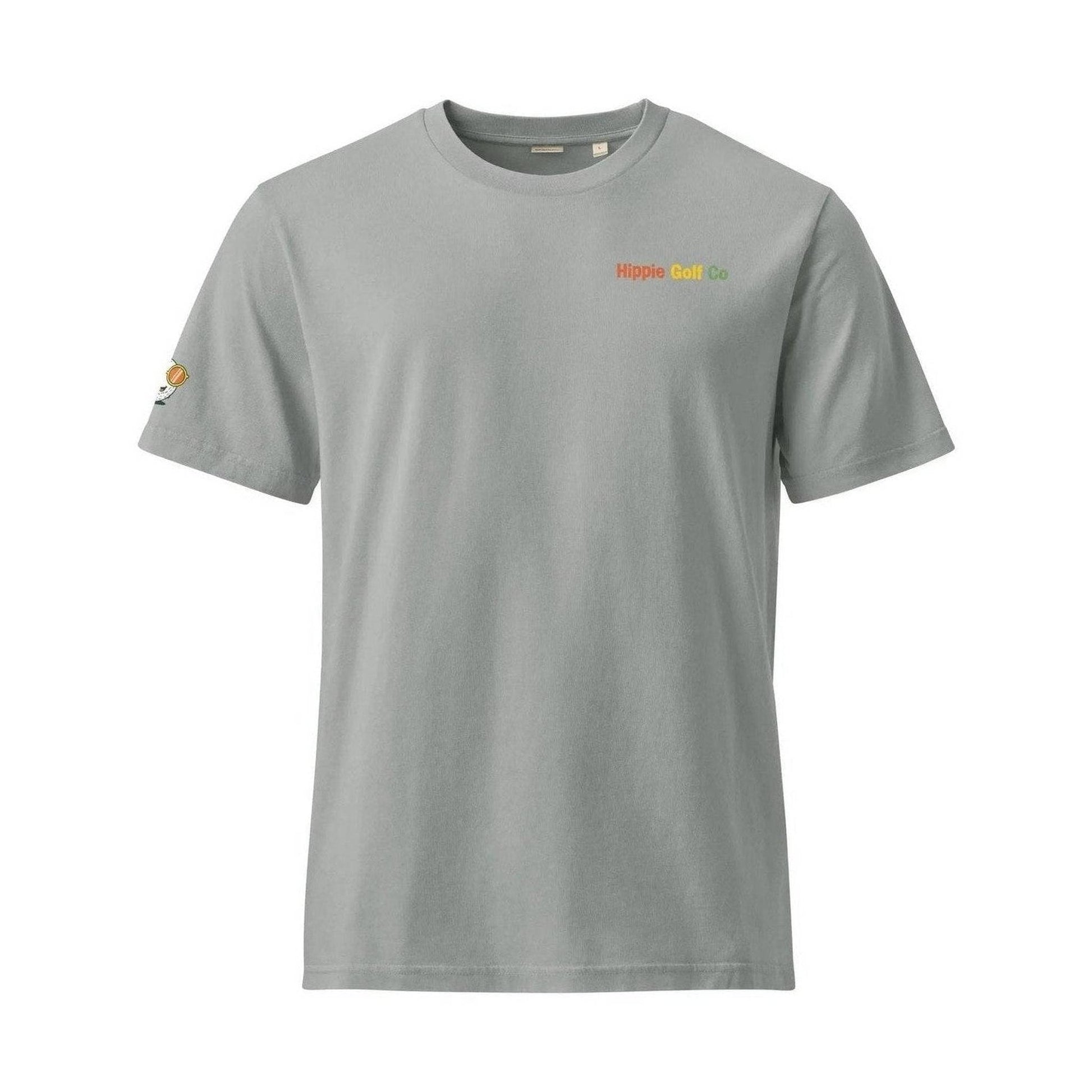 Gray unisex organic cotton tee with embroidered sleeve logo