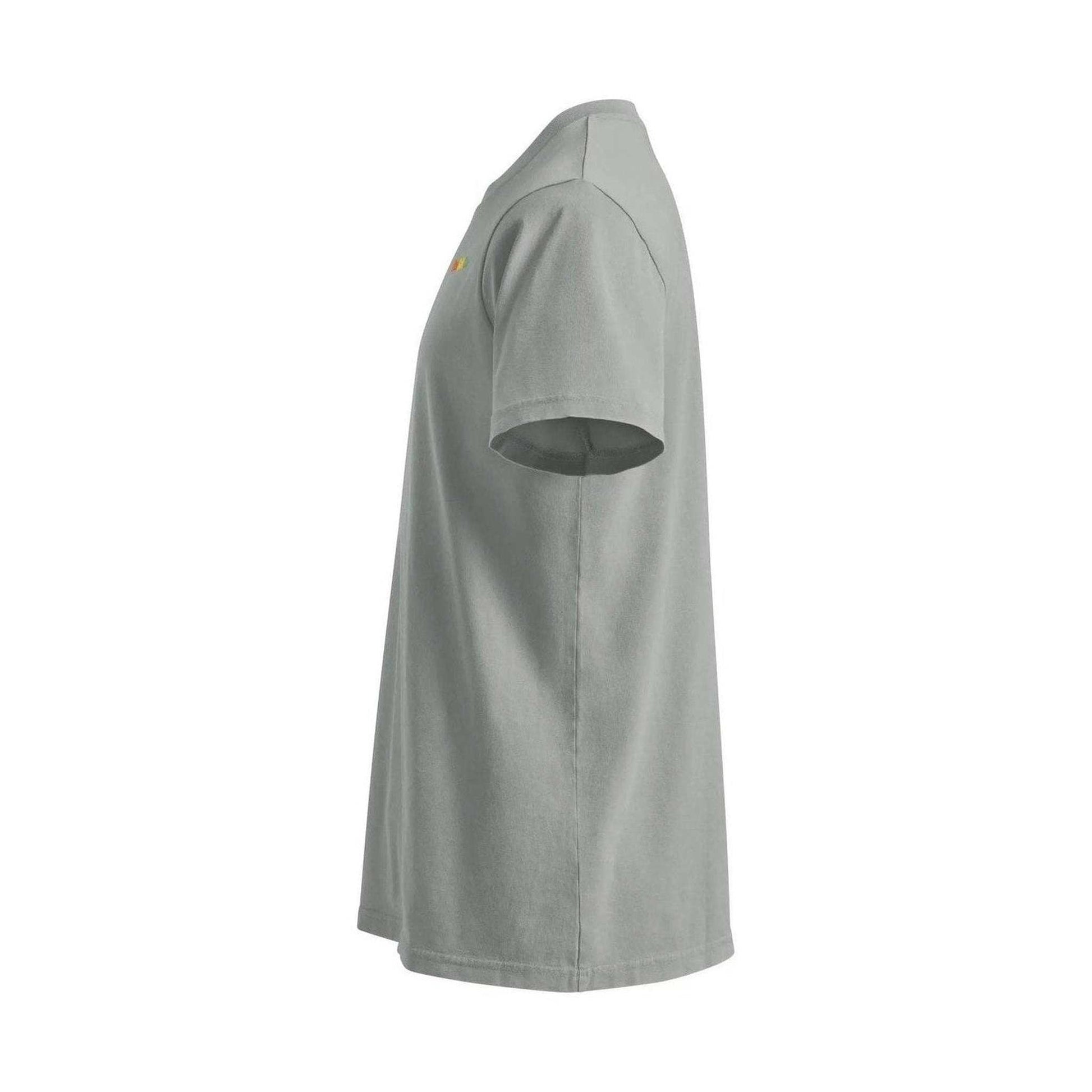 Light gray tee side profile showing faint yellow shoulder accent and clean hemline