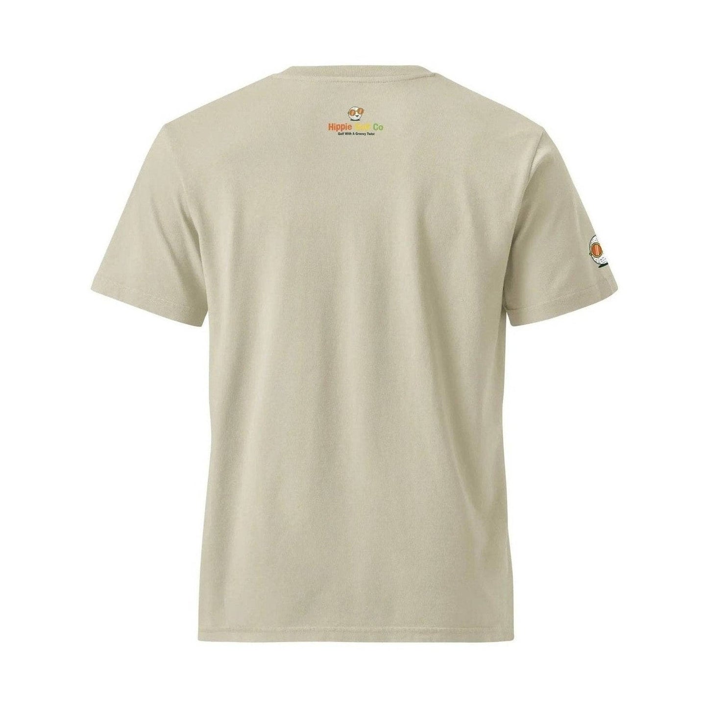 Beige relaxed fit tee back displaying soft texture and unique cartoon sleeve patch