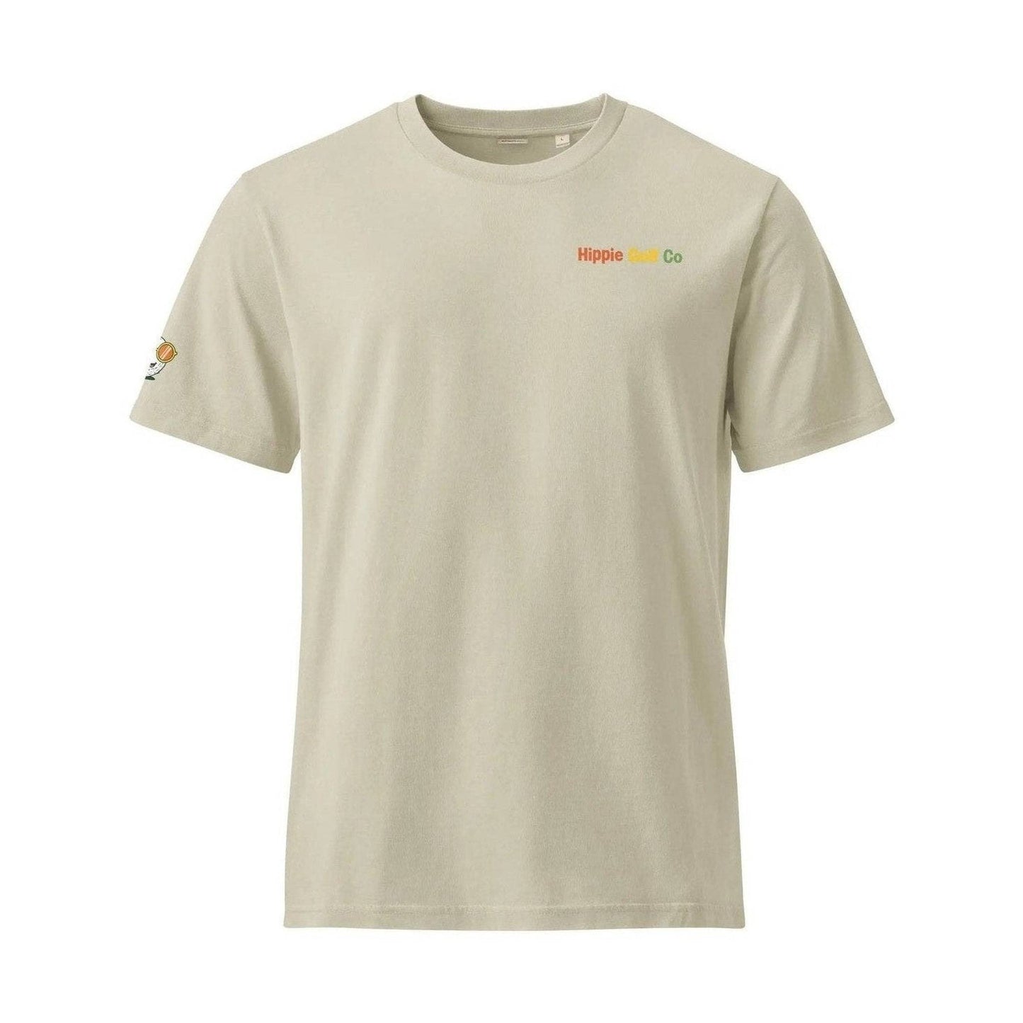 Beige crew neck tee front view with chest logo and cartoon character sleeve embroidery