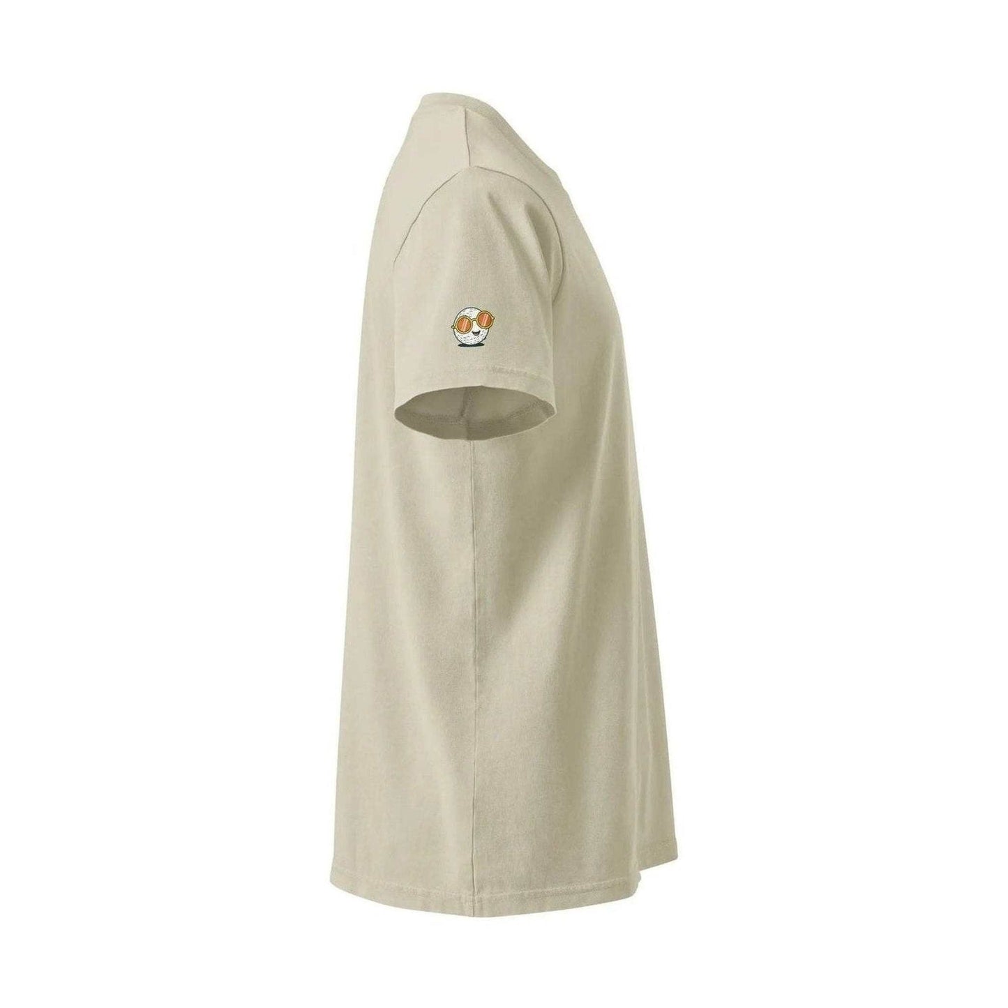Beige unisex tee side profile with round neck and orange-tinted sunglasses character patch