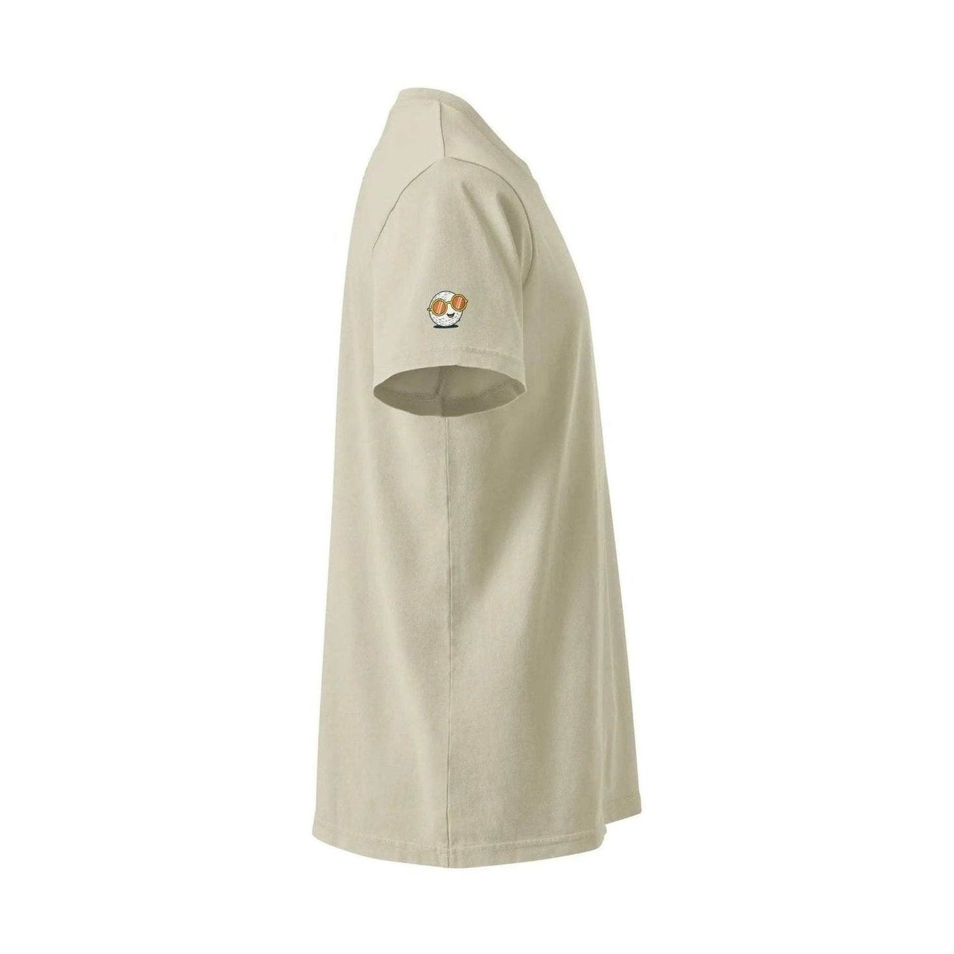 Beige unisex tee side profile with round neck and orange-tinted sunglasses character patch