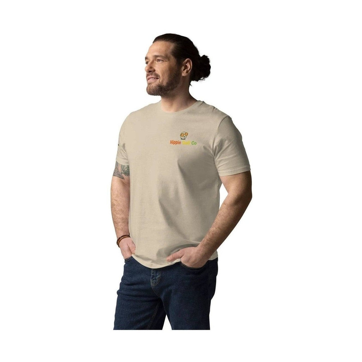 Hippie Golf Co beige organic cotton tee in profile view on male model