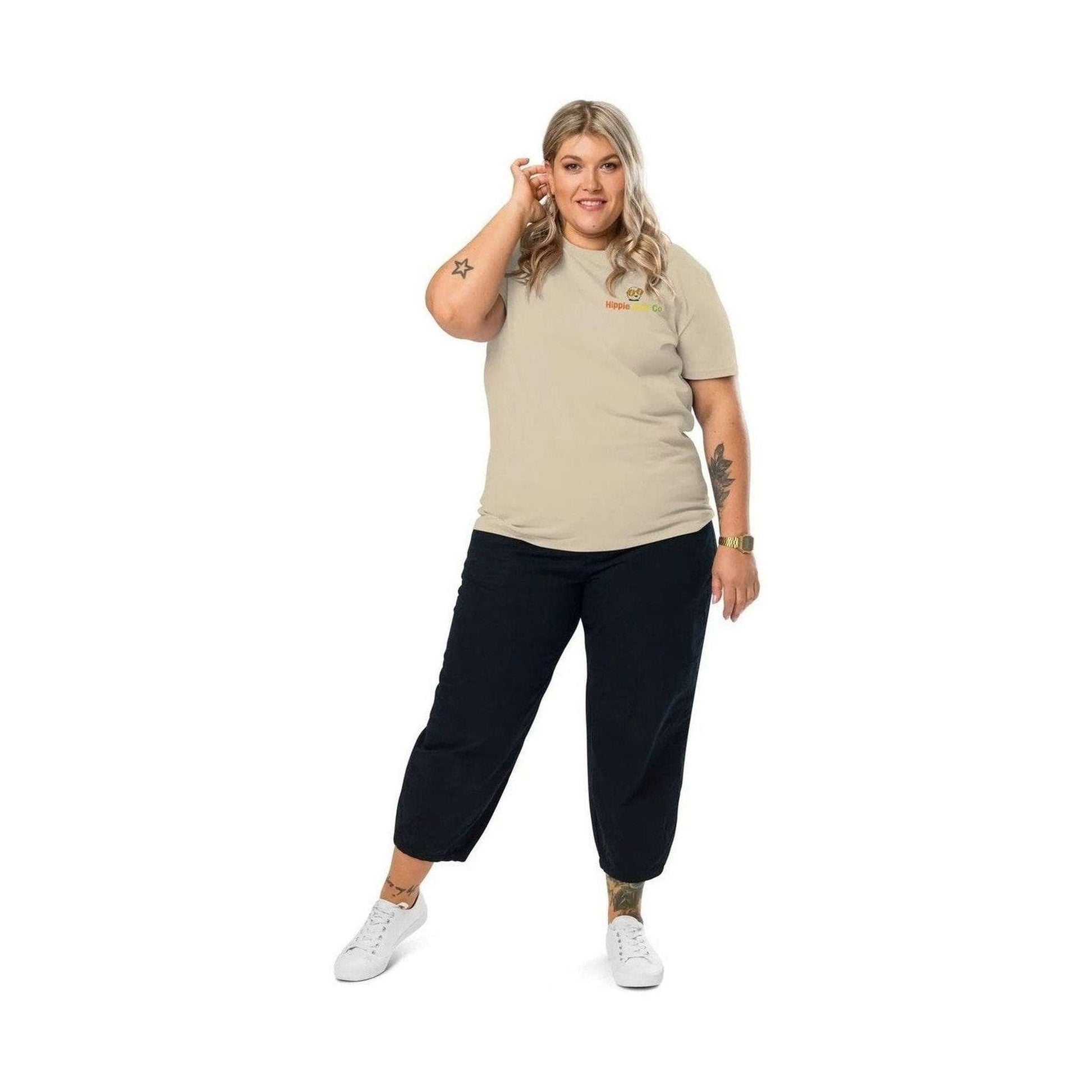 Hippie Golf Co beige unisex organic cotton tee styled with cropped pants