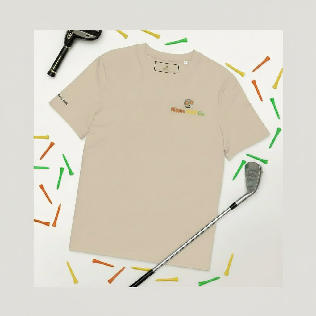 Beige Hippie Golf Co eco-friendly t-shirt styled with pine and coffee