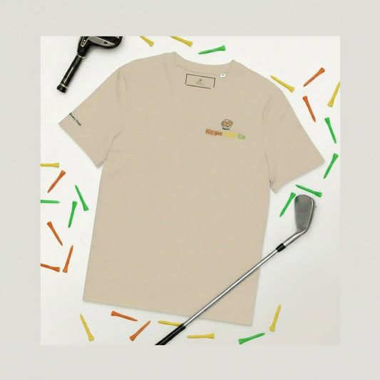 Beige Hippie Golf Co eco-friendly t-shirt styled with pine and coffee