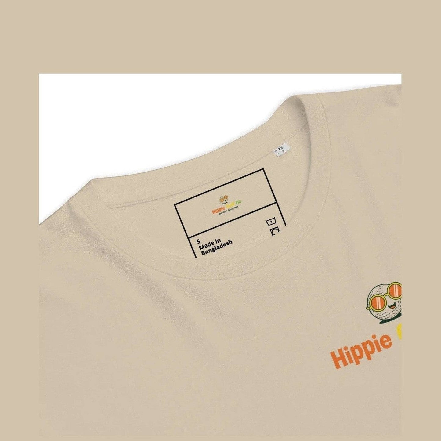 Detail of beige Hippie Golf Co inner collar tag and golf ball graphic