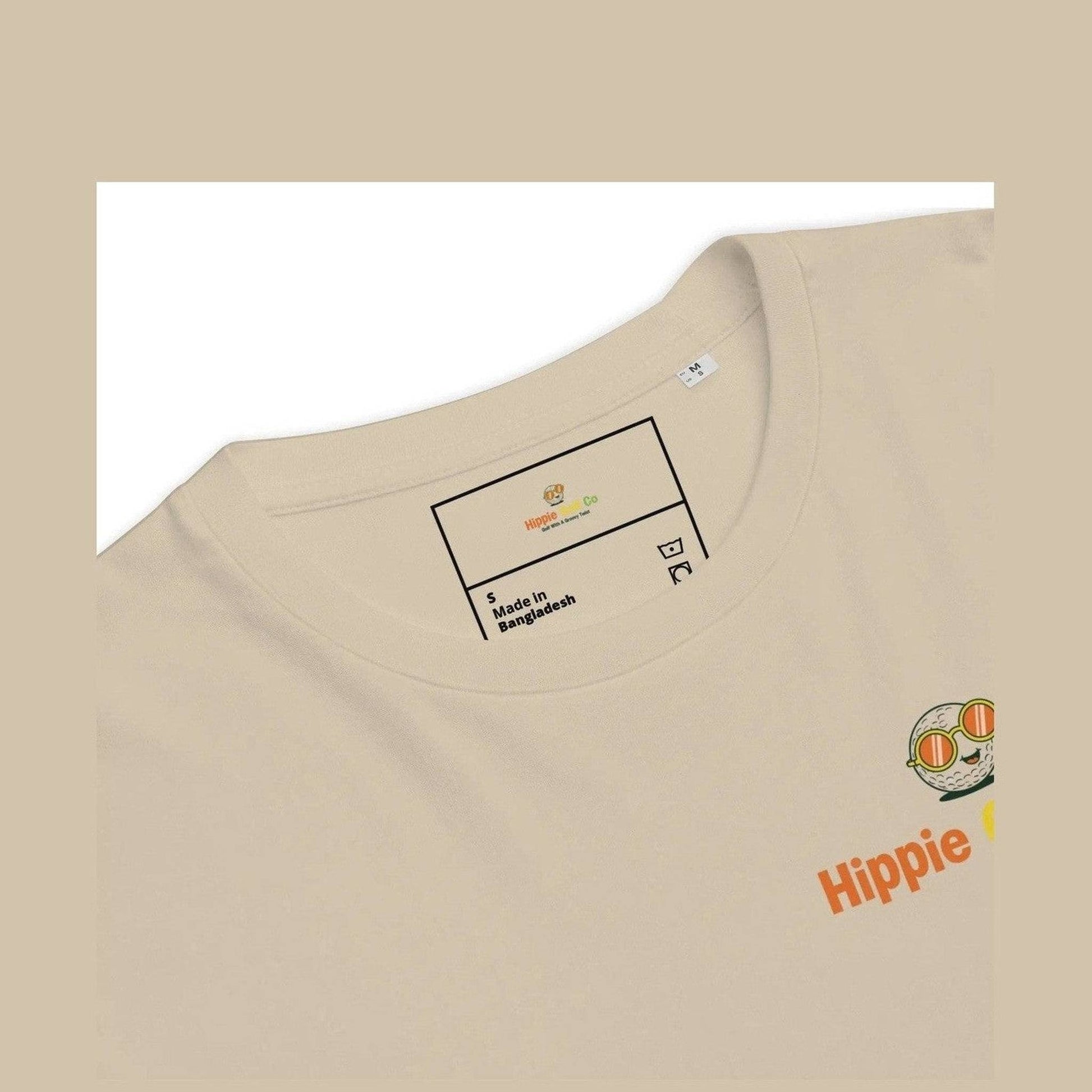 Detail of beige Hippie Golf Co inner collar tag and golf ball graphic