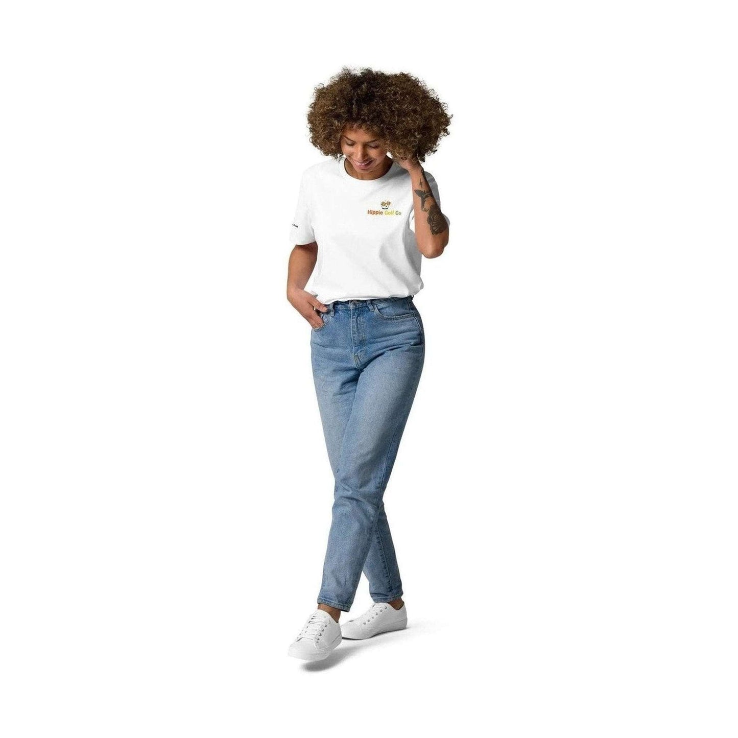 Hippie Golf Co white unisex organic cotton tee worn by woman model