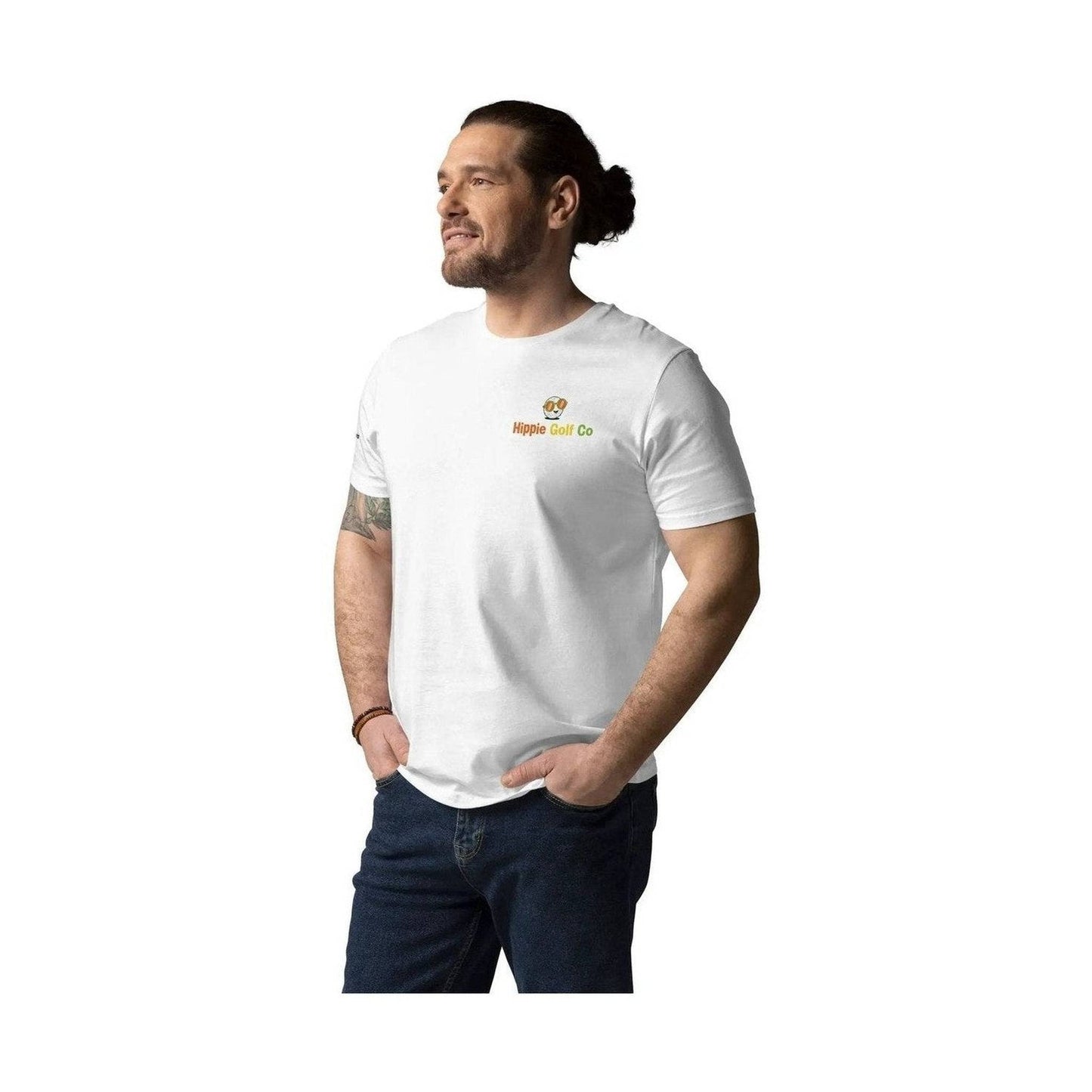 Hippie Golf Co unisex organic cotton tee with golf ball logo on man