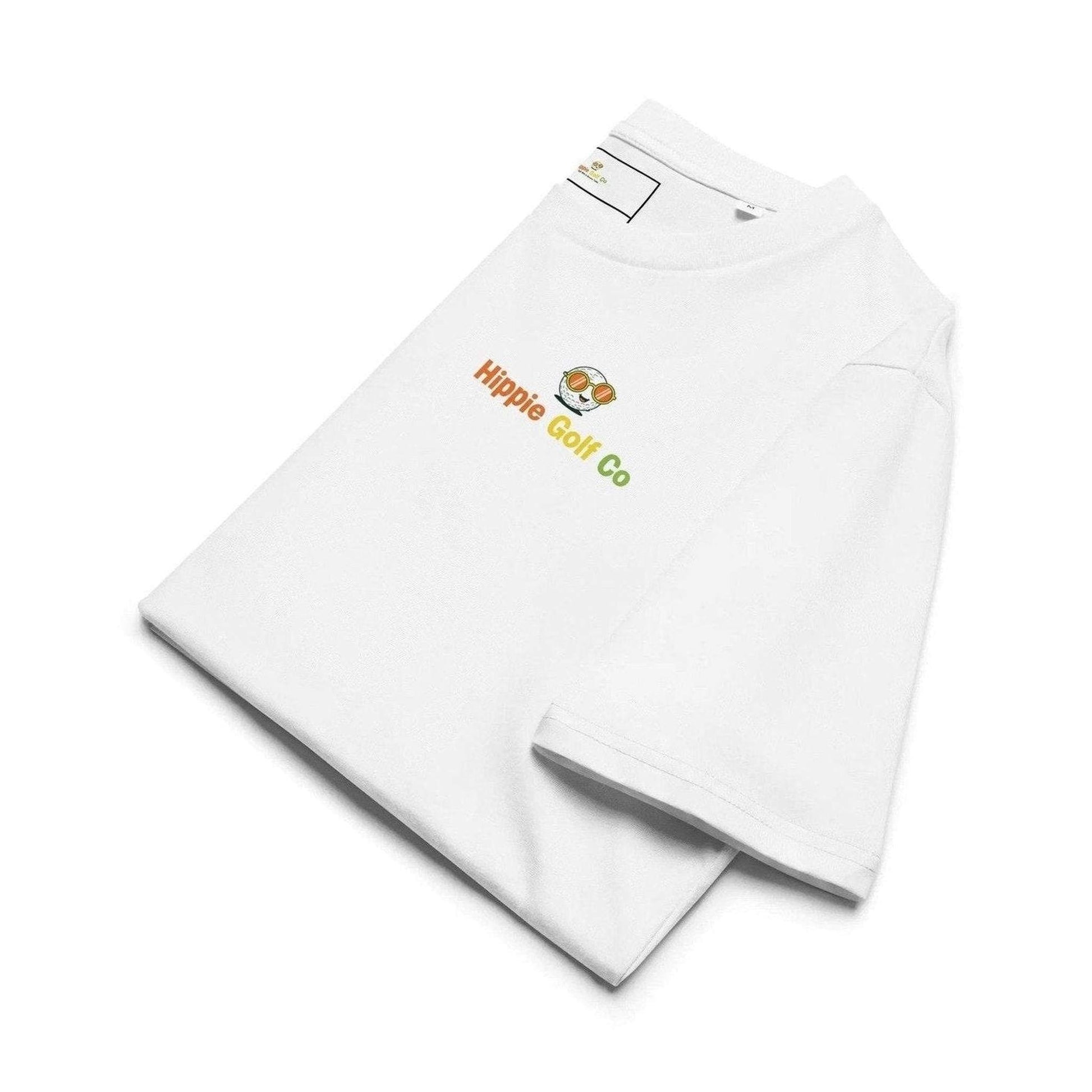 Folded white Hippie Golf Co organic cotton tee showing colorful logo