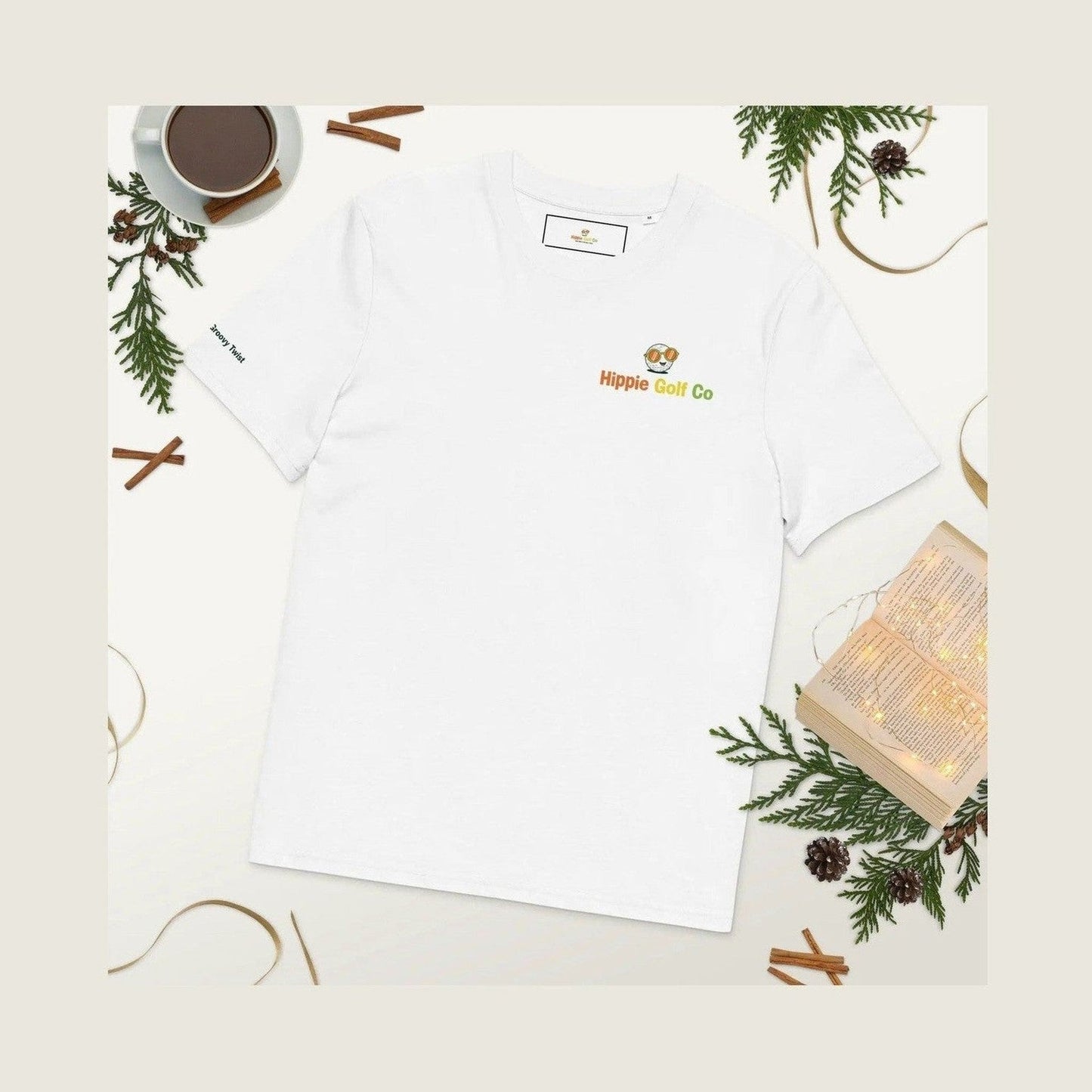 White Hippie Golf Co organic cotton tee with Journey Back sleeve text