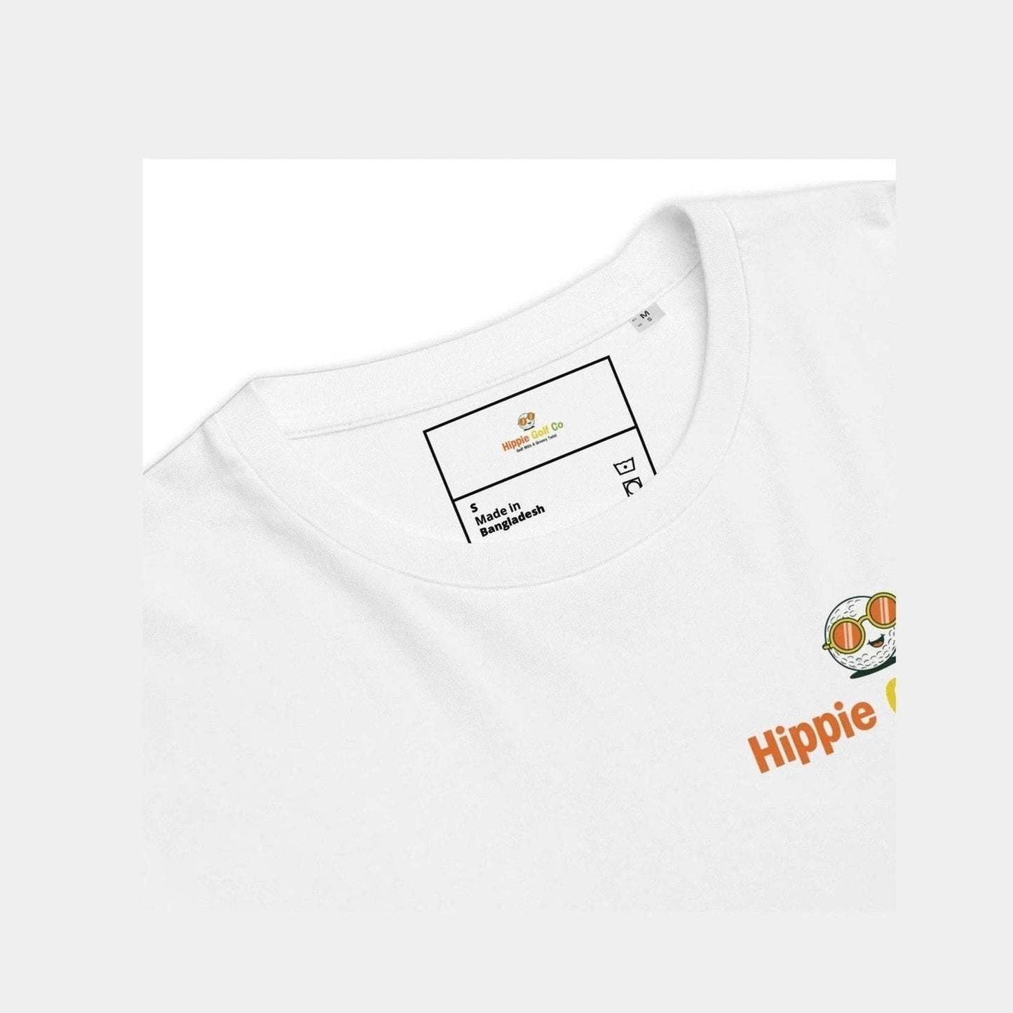 Close-up of Hippie Golf Co care label and chest logo on white tee